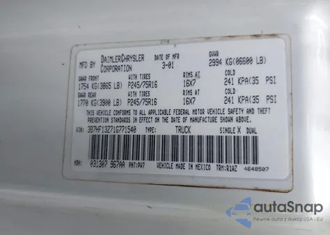 2001 Dodge Ram 1500 St z USA, uszkodzony, nr VIN 3B7HF13Z71G771540